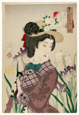 Tsukioka Yoshitoshi - Strolling: A Fashionable Married Woman of the Middle Meiji Period (1880s) Dressed in Western Style, 1888